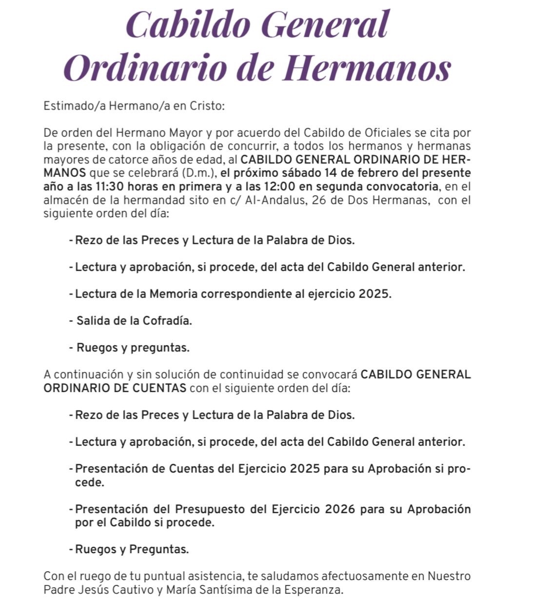 CABILDO GENERAL ORDINARIO DE HERMANOS Y CABILDO GENERAL ORDINARIO DE CUENTAS |